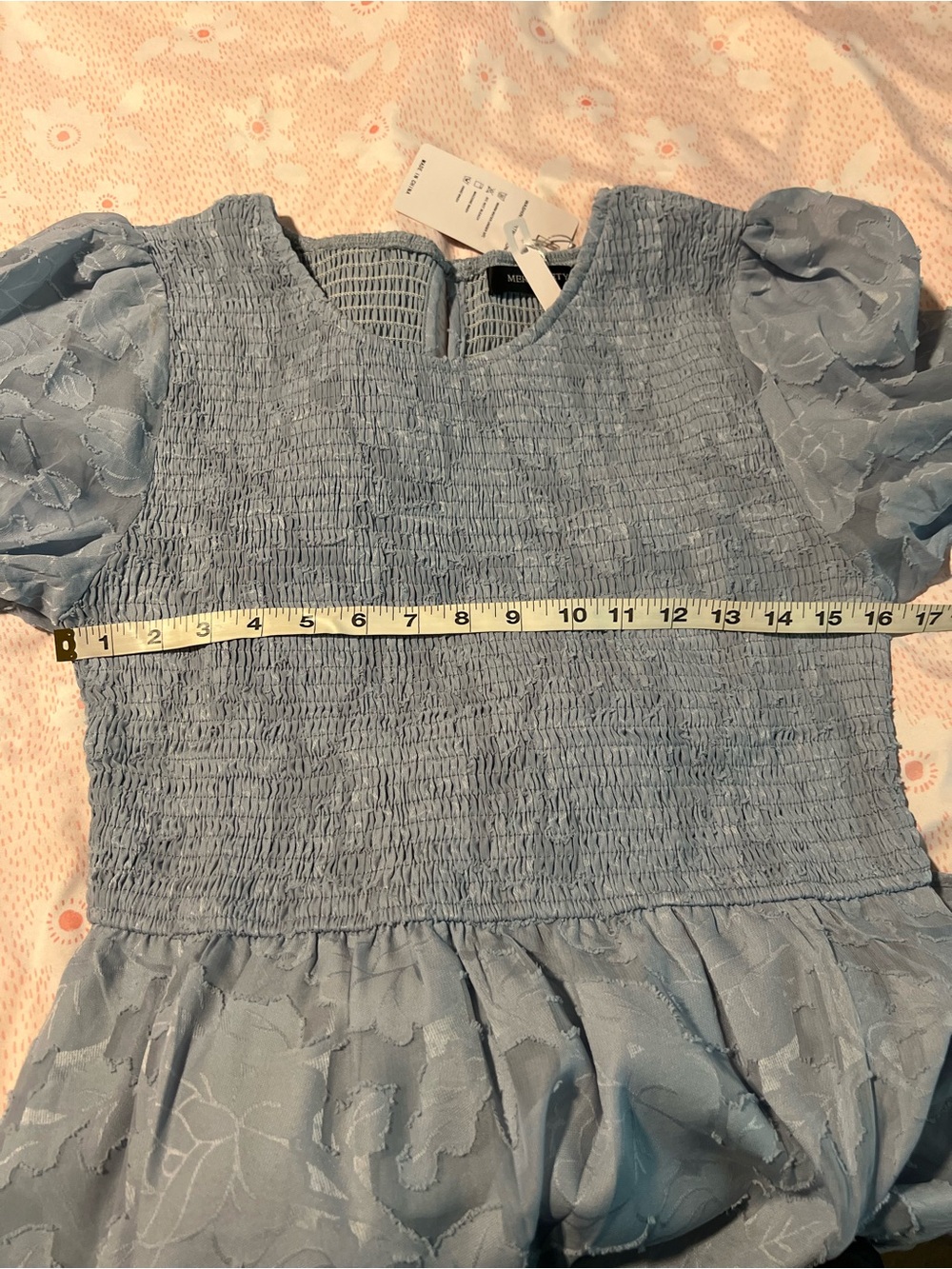 NWT MEROKEETY Lt Blue Floral Textured Tiered Midi Dress Short Sleeve Smocked LG - Picture 9 of 12